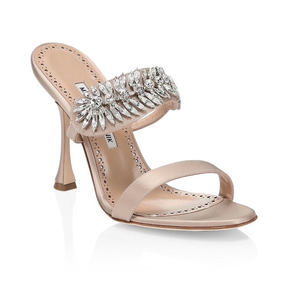 NEW Manolo Blahnik Skysan Crystal Embellished Sandal, CHAMPAGNE SATIN